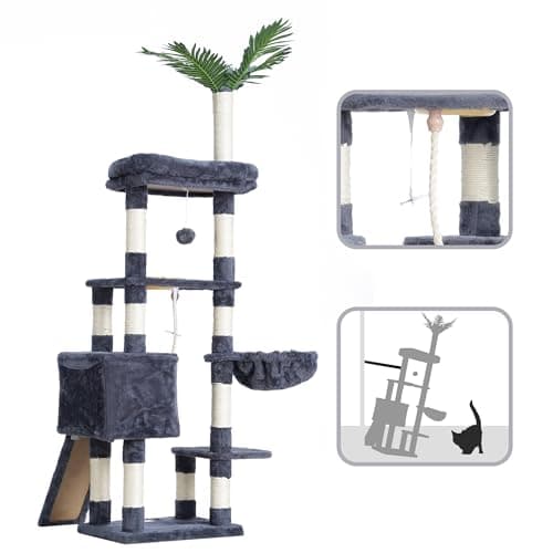 65.4-Inch Cat Tree for Indoor Cats with Plush Furniture and Scratching Posts - Smoky Gray Color (HCT015G) by Heybly