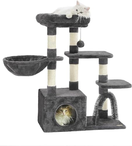 HOOPET Cat Tree Tower with Cozy Perch, Scratching Post, and Interactive Ball — Smoky Grey