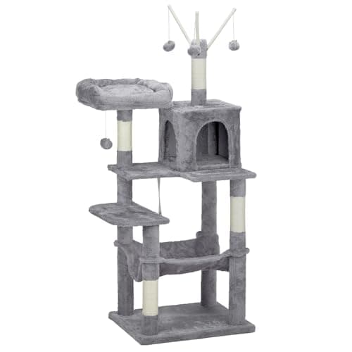 Dark Grey 57 inch Cat Tree with Toy and Scratching Posts — Light Grey