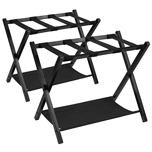 Luggage Rack Set of 2 for Guests, Steel Folding Suitcase Stand with Storage Shelf, Brown — Black