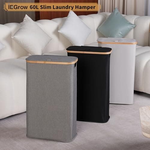 Narrow Laundry Basket with Lid, 60L Grey, Foldable Bamboo Handles, Slim Laundry Hamper