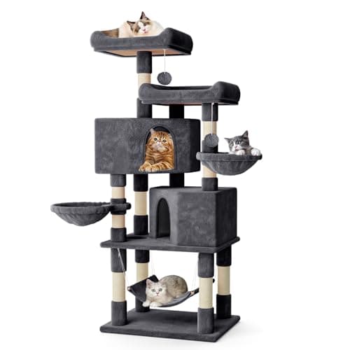 MoNiBloom 58 Inch Cat Climbing Tower with Condos, Scratching Post & Hammocks - Soft Pink — Smoky Grey