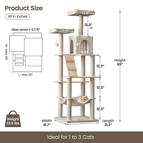 Beige Multi-Level MWPO Cat Tree with Perches, Hammock & Scratching Posts