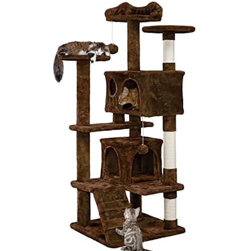 54in Multi-Level Cat Tree Tower for Indoor Cats with Scratching Posts and Dangling Balls, Pink — Brown