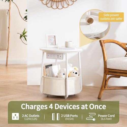 Yoobure LED Night Stand with Charger, Round Storage Table for Living Room or Bedroom