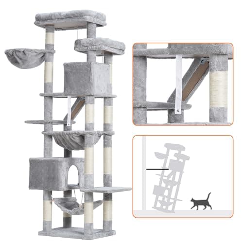 Heybly 71-Inch Tall Cat Tree for Indoor Cats - Light Gray with Perches, Condos, Hammocks, and Scratching Pad