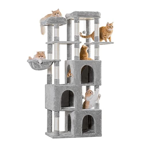 MWPO Smoky Grey Extra Large Cat Tree - 70.1-Inch Tall Multi-Level Tower with 3 Condos, Scratching Posts & Dangling Toys — Light Grey