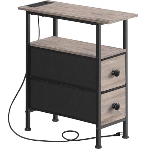 HOOBRO Rustic Brown & Black End Table with Charging Station BF486UBZ01 — Greige + Black