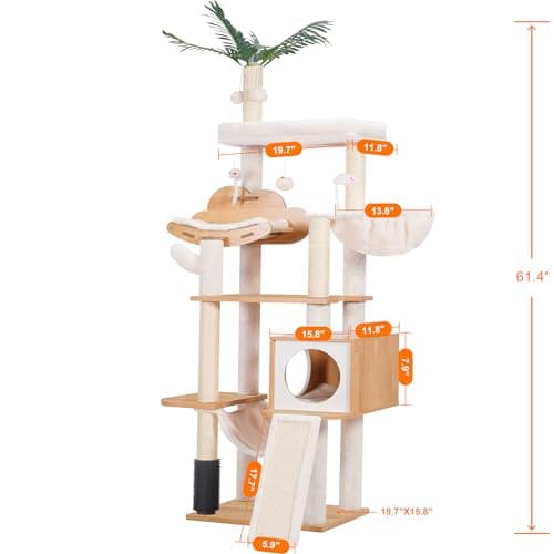 Modern Walnut Cat Tree with Self Groomer, Basket, Hammock, and Dangling Ball for Large Indoor Cats