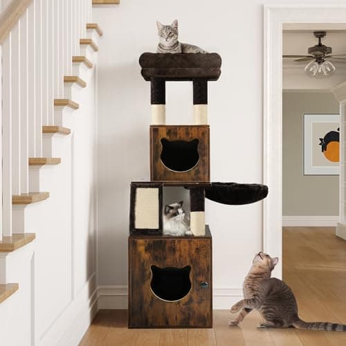 Modern Cat Tree with Litter Box Enclosure and Large Tower for Large Cats