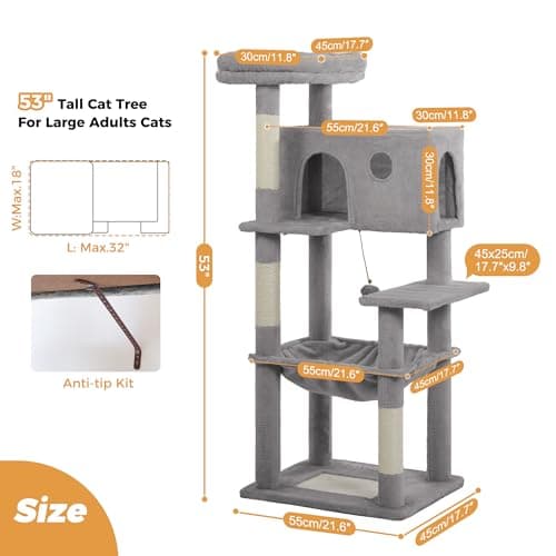 Large Indoor Cat Tree with Hammock & Scratch Post (54", Grey)