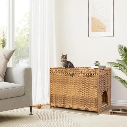 Handwoven Rattan Cat House with Door for Large Cats, Natural Enclosure Furniture