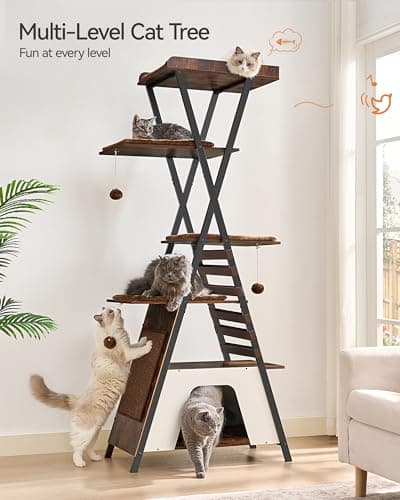 FourFurPets Modern 72.4" Multi-Level Cat Tree with Caves & Scratching Board, Rustic Brown
