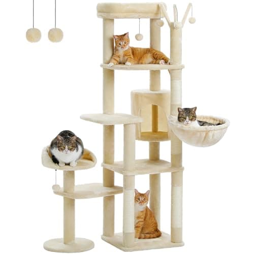 Tall Cat Tree with Hammock & Scratching Post for Large Cats — Beige