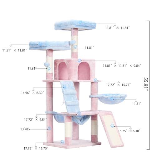 Heybly Cat Tree for Indoor Cats, Multi-Level Furniture Condo with Perch, Basket & Scratching Board - Blue/Pink