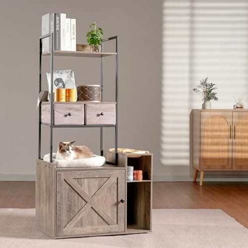 Hey-Brother Cat Litter Box Enclosure with Storage Shelves and Drawers - Rustic Gray MPJ131SG