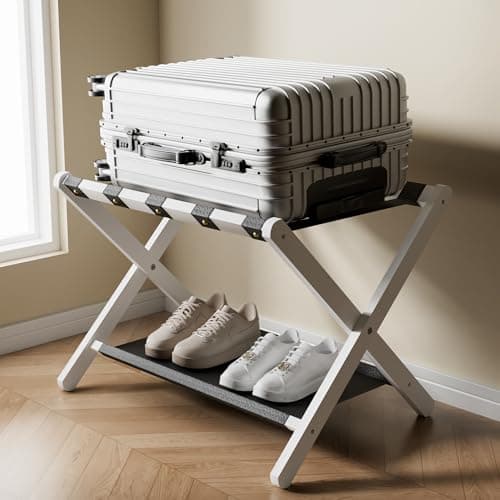 Solid Oak Wood Luggage Rack with Storage, Leather Straps, White, Ideal for Guest Room, Bedroom, Hotel