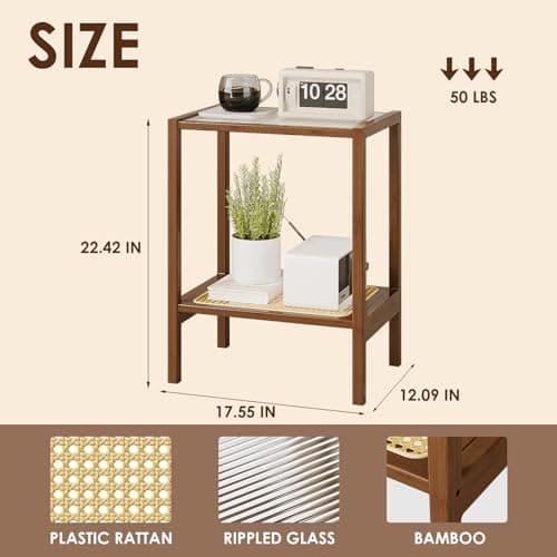 Bamworld Rattan 2-Tier Side Table with Storage Boho Living Room Glasstop Narrow Coffee Table