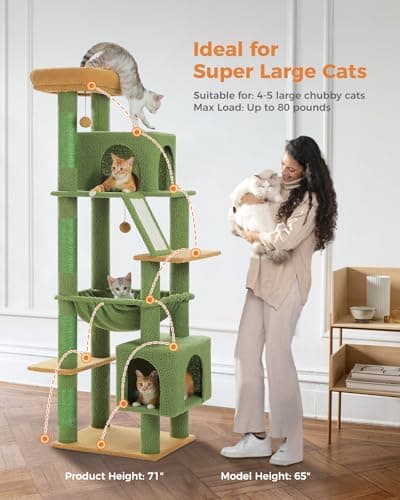 Tall Cat Tree for Large Cats 20 lbs with Hammock & 4 Sisal Posts - Cactus Green
