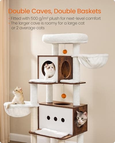 Feandrea 64.5-Inch Modern Cat Tree with 2 Caves, 2 Hammocks & 4 Scratching Posts RB UPCT167K01