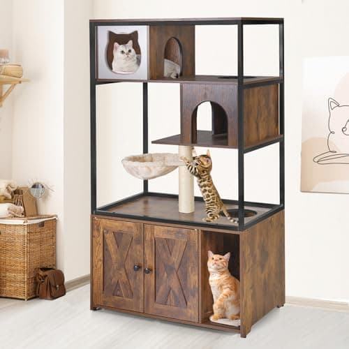 Hidden Kitty Litter Box with Barn Door, Metal Frame, Wood Enclosure (Wood, M)