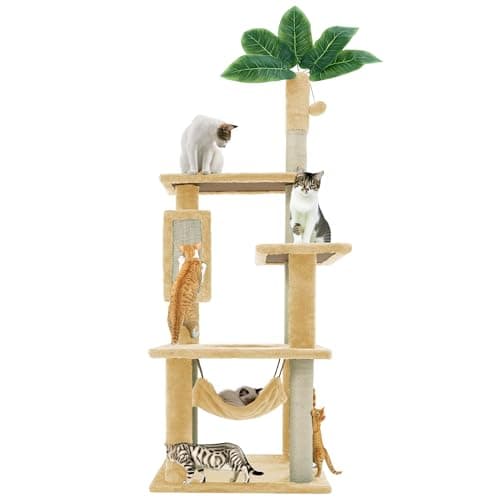 24 Inch Pink Floral Cat Tree for Indoor Cats — 55in Square Platform Beige
