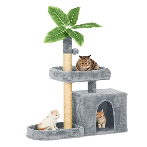 31.5" Pink Cat Tree with Leaf Design & Scratching Posts — Grey