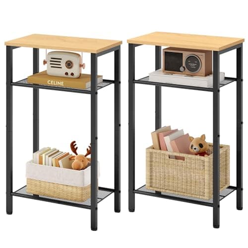 Hoctieon 3-Tier End Table with Storage, White Metal Frame, Living Room & Bedroom — Black+yellow Oak