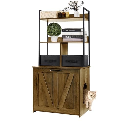 Dwanton Rustic Brown Cat Litter Box with 3 Shelves & 2 Drawers — Warm Brown