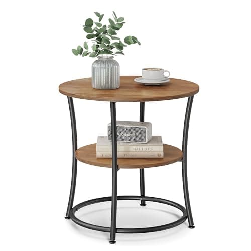 VASAGLE Round End Table with 2 Shelves for Living Room, Bedroom & Nightstand, Rustic Brown & Ink Black — Rustic Walnut + Ink Black
