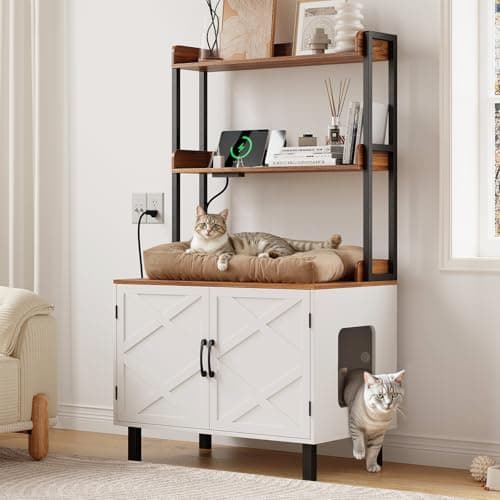 White 55 Inch Cat Litter Box with Storage & Charging, Wooden House for Livingroom & Entryway