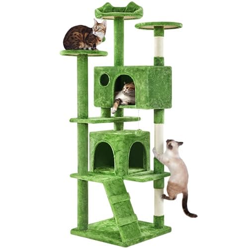 54in Multi-Level Cat Tree Tower for Indoor Cats with Scratching Posts and Dangling Balls, Pink — Green