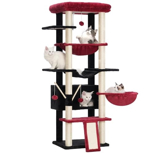 Large Cat Tree for Indoor Cats - Multi-Level Furniture with Scratching Posts and Hammocks — Black and Red