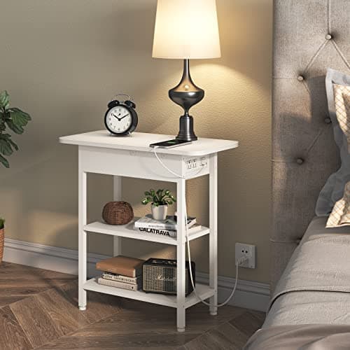 LIDYUK Flip Top Side Table with USB Ports & Outlets, White