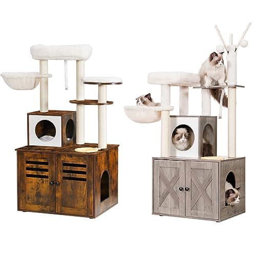 Heybly Wood Litter Box & Cat Tree, Modern Style Indoor Furniture for Cats