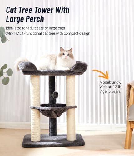 Happi N Pets 28" Tall Cat Tree Tower for Maine Coon, Sisal Scratcher & Soft Perch-Gray