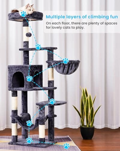 Smoky Gray Hey-brother Multi-Level Cat Tree with Hammock and Scratching Posts MPJ050G