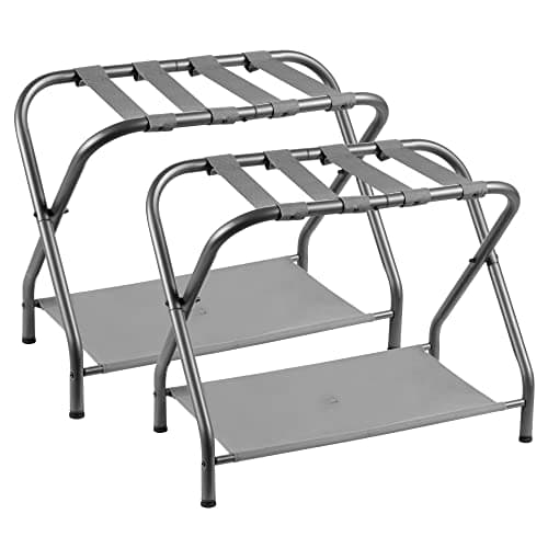 Steel Folding Luggage Rack with Storage Shelf, Black — Gray