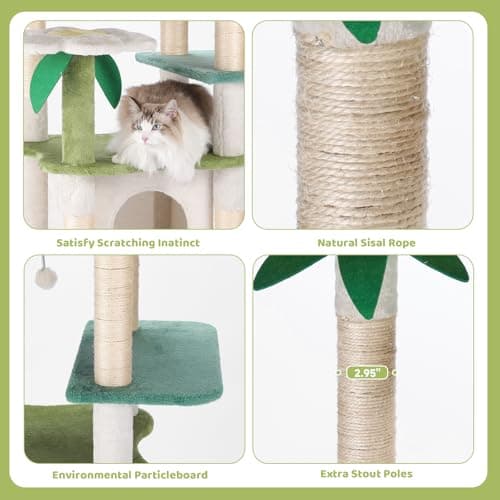 HYABI 64.5-Inch Tall Avocado Flower Cat Tree Tower with Scratching Posts & Plush Ball