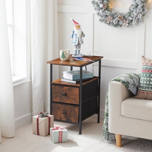 HOOBRO Rustic Brown & Black End Table with Charging Station BF486UBZ01