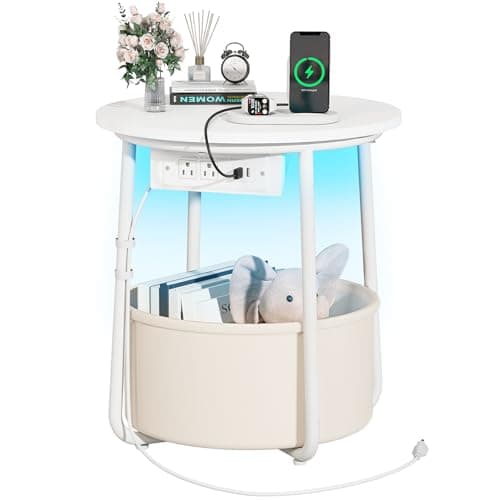 Yoobure LED Night Stand with Charger, Round Storage Table for Living Room or Bedroom