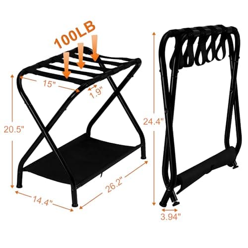 Heybly Steel Folding Luggage Rack with Storage Shelf, Pack of 2 - Black