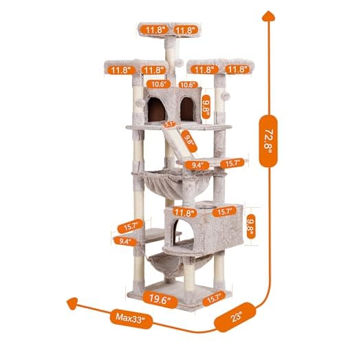 Heybly Cat Tree for Large Cats, 73 inches Tall - Heavy Duty Indoor Big Cat Furniture