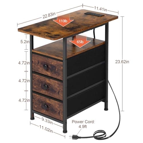 AMHANCIBLE Rustic Brown Narrow Side Table with Charging Station for Living Room and Bedroom