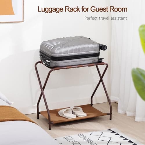 Folding Luggage Rack Set of 2 for Guests, Metal with Storage Shelf, Bronze.