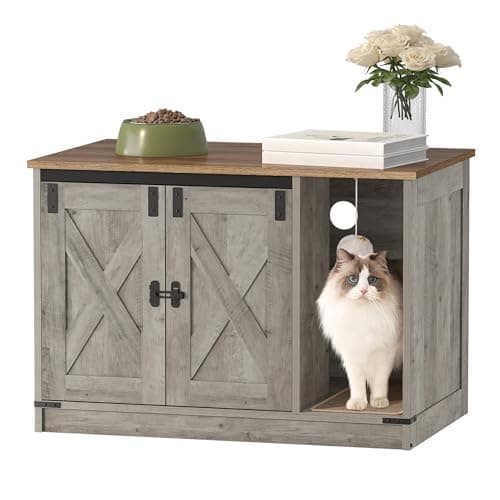 Rustic Brown and White Hidden Cat Litter Box Cabinet, CB82414X — Light Ivory and Brown