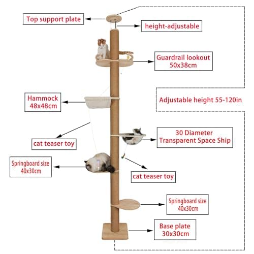 Adjustable 5-Tier Cat Tree 50-120 inches High Hemp Scratching Post