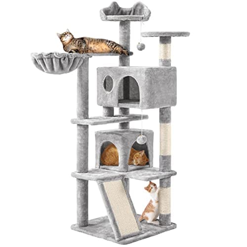 Topeakmart 57" Multi-Level Cat Tree with scratching posts & pink playhouse — Light Gray