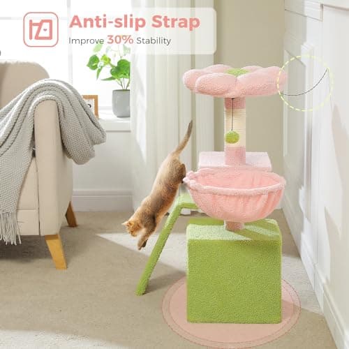 32 PETEPELA Pink Cat Tree for Indoor Cats with Scratching Ramp, Hammock, and Flower Bed Perch