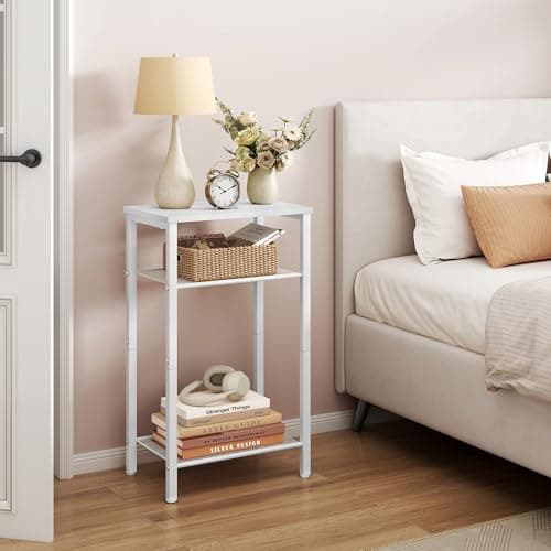 Hoctieon 3-Tier End Table with Storage, White Metal Frame, Living Room & Bedroom